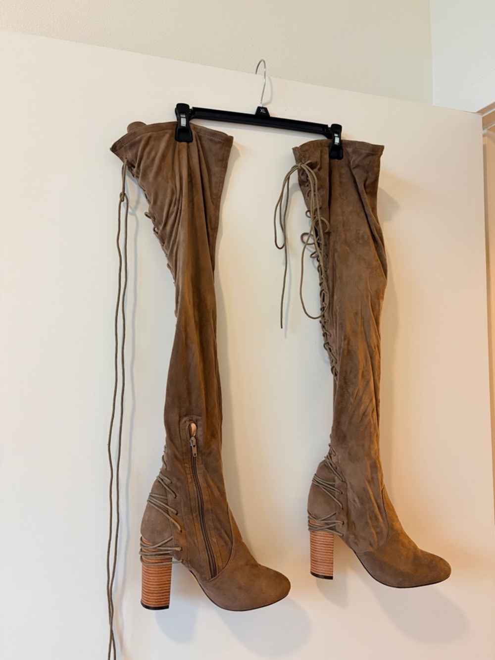 Suede Over-the-Knee Lace-Up Heeled Boots in Brown